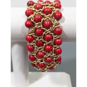 Red Stone Wide Woven Gold Tone Chain Statement Bracelet‎ 7"